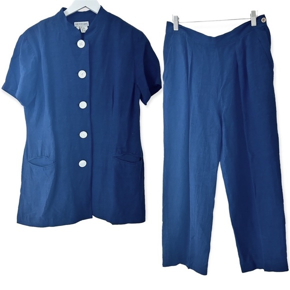 FOR PETE SAKE VINTAGE Linen Two Piece Suit Short Sleeve Jacket Pants Size 12 - Picture 1 of 15